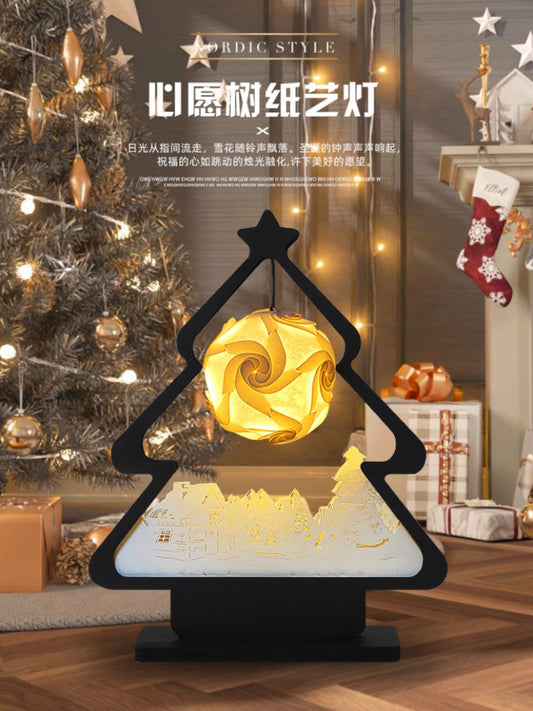 心願樹黑色聖誕樹造型紙藝燈 懸掛螺旋花球桌面氛圍小夜燈 聖誕節日氛圍感文創裝飾擺件 Wish Tree Christmas Tree Paper Craft Lamp, Spiral Ball Hanging Holiday Ambient Night Light