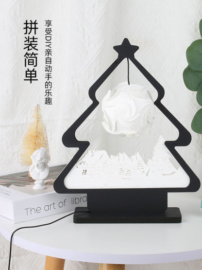 心願樹黑色聖誕樹造型紙藝燈 懸掛螺旋花球桌面氛圍小夜燈 聖誕節日氛圍感文創裝飾擺件 Wish Tree Christmas Tree Paper Craft Lamp, Spiral Ball Hanging Holiday Ambient Night Light