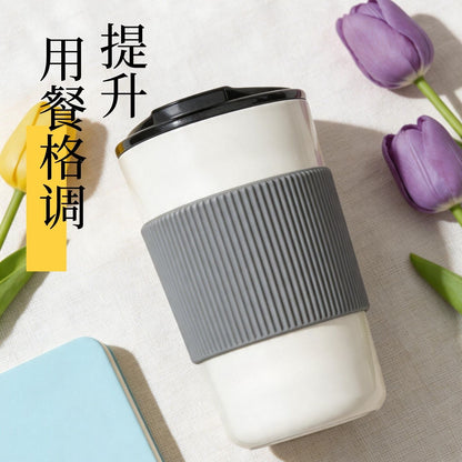 簡約白陶瓷帶蓋吸管杯 矽膠防燙隨身杯 家用辦公咖啡便攜水杯 Simple White Ceramic Cup With Lid & Straw, Portable Heat-proof Travel Mug
