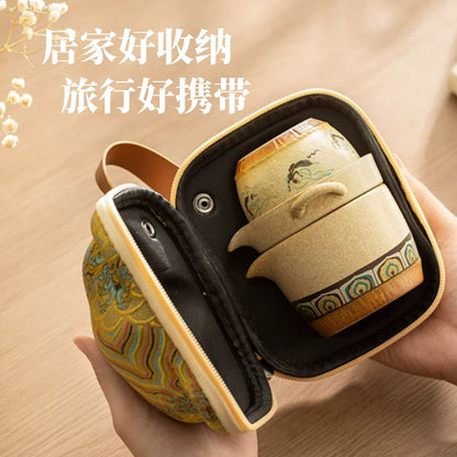 敦煌飛天復古粗陶快客杯 國潮便攜一壺三杯 文創旅行隨身功夫茶具 Dunhuang Flying Apsaras Retro Clay Travel Tea Set, National Trend Portable Tea Kit