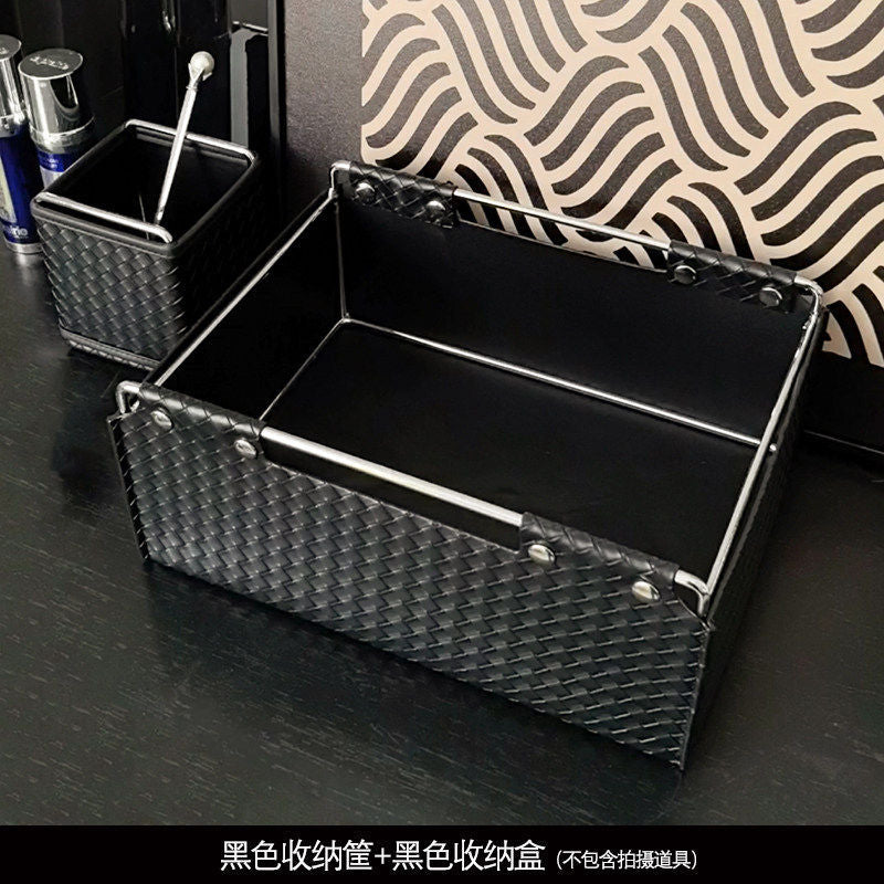北歐桌面皮革編織紋收納盒高檔輕奢雜物儲物盒桌面筆筒文具收納 Nordic Style Desktop Storage Box with Leather Woven Texture, Luxury Light Premium Sundries Organizer, Desktop Pen Holder & Stationery Caddy