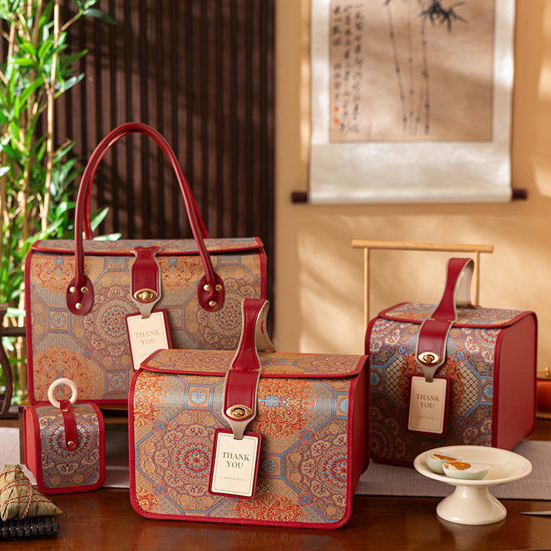 新款端午/中秋禮盒蜀錦禮盒包裝節日送人商務伴手禮禮品盒 Light Luxury Handheld Leather Gift Box, Bird's Nest Leather Packaging Box, Empty Gift Box for Business Souvenirs & Banquet Presents