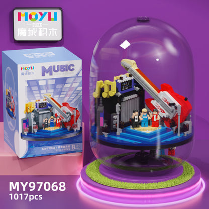 微顆粒積木吉他鋼琴音樂盒透明罩擺件創意生日禮物 Micro Particle Building Blocks Guitar Piano Music Box with Transparent Cover Creative Birthday Ornament Gift