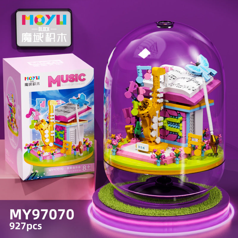 微顆粒積木吉他鋼琴音樂盒透明罩擺件創意生日禮物 Micro Particle Building Blocks Guitar Piano Music Box with Transparent Cover Creative Birthday Ornament Gift