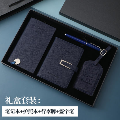 行李牌護照夾筆記本禮盒套裝pu皮加厚護照本套可定制加印LOGO PU Leather Gift Box Set Including Luggage Tag, Passport Holder and Notebook, Thickened Passport Cover, Customizable with Printed Logo