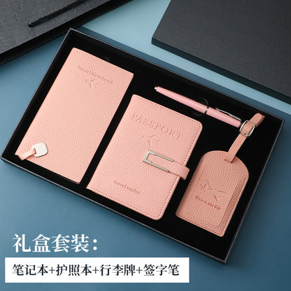 行李牌護照夾筆記本禮盒套裝pu皮加厚護照本套可定制加印LOGO PU Leather Gift Box Set Including Luggage Tag, Passport Holder and Notebook, Thickened Passport Cover, Customizable with Printed Logo