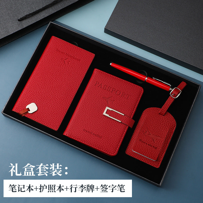 行李牌護照夾筆記本禮盒套裝pu皮加厚護照本套可定制加印LOGO PU Leather Gift Box Set Including Luggage Tag, Passport Holder and Notebook, Thickened Passport Cover, Customizable with Printed Logo