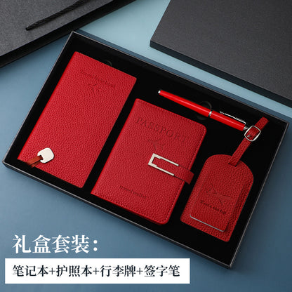 行李牌護照夾筆記本禮盒套裝pu皮加厚護照本套可定制加印LOGO PU Leather Gift Box Set Including Luggage Tag, Passport Holder and Notebook, Thickened Passport Cover, Customizable with Printed Logo