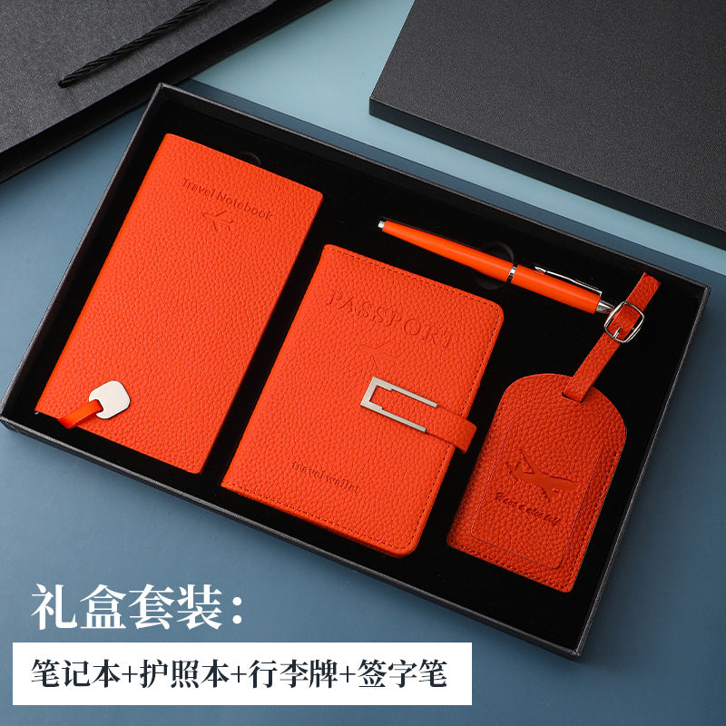 行李牌護照夾筆記本禮盒套裝pu皮加厚護照本套可定制加印LOGO PU Leather Gift Box Set Including Luggage Tag, Passport Holder and Notebook, Thickened Passport Cover, Customizable with Printed Logo