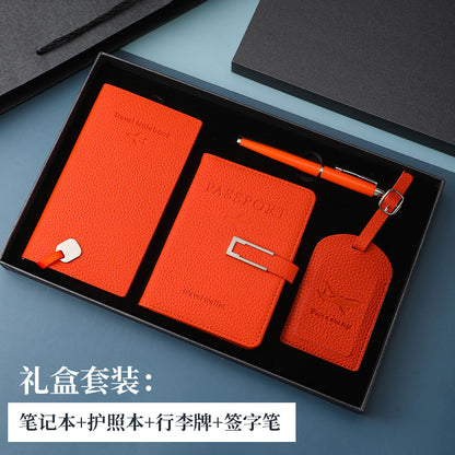 行李牌護照夾筆記本禮盒套裝pu皮加厚護照本套可定制加印LOGO PU Leather Gift Box Set Including Luggage Tag, Passport Holder and Notebook, Thickened Passport Cover, Customizable with Printed Logo