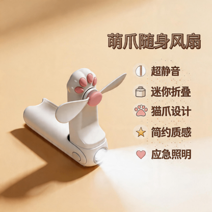 貓爪小風扇手持便捷式靜音折疊迷你可愛女生小型充電手電筒 Cat Paw Handheld Fan – Portable, Quiet, Foldable, Mini, Cute – Rechargeable with Flashlight for Girls